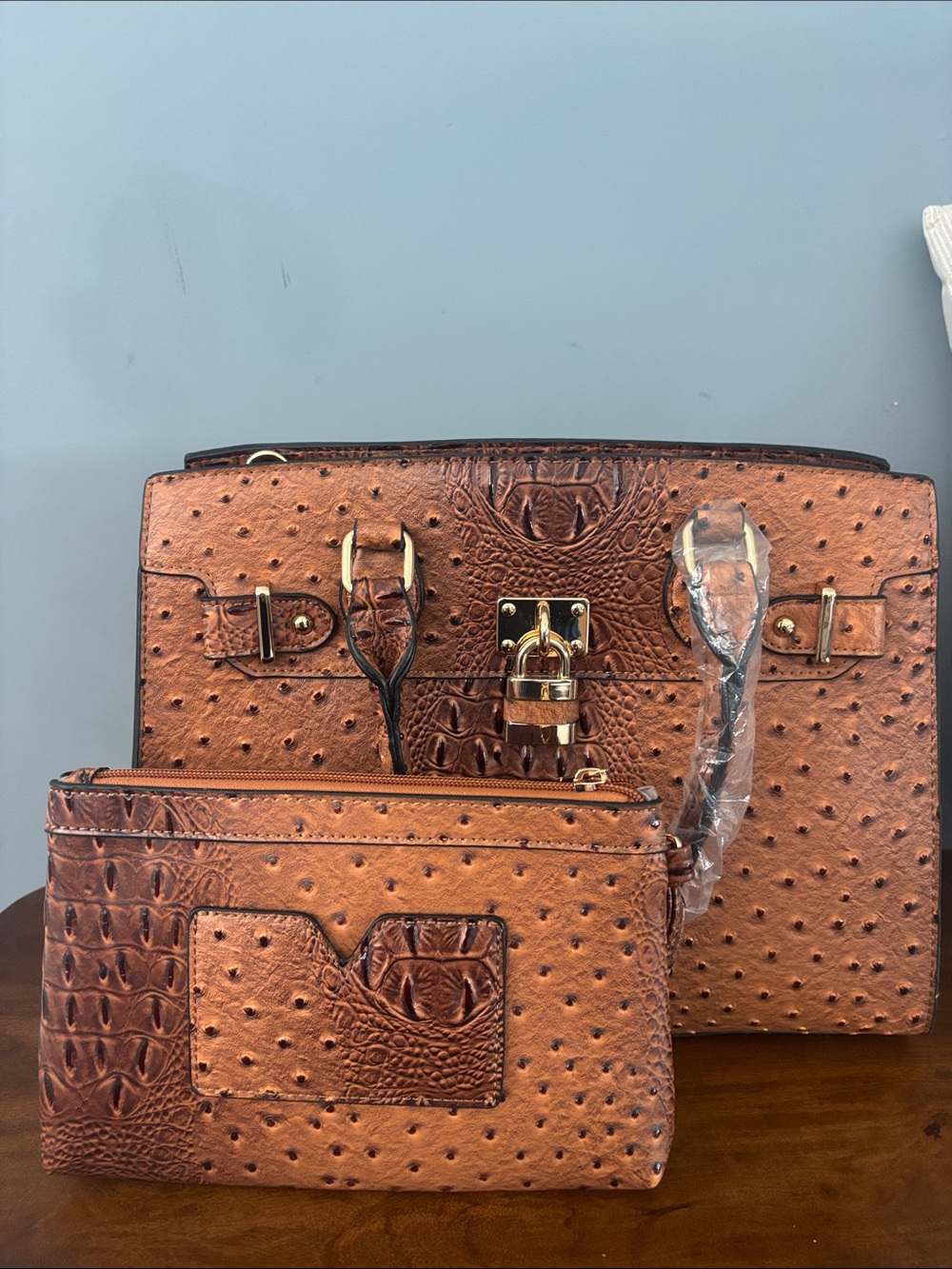 Textured Cognac Ostrich-Embossed Satchel with Wristlet